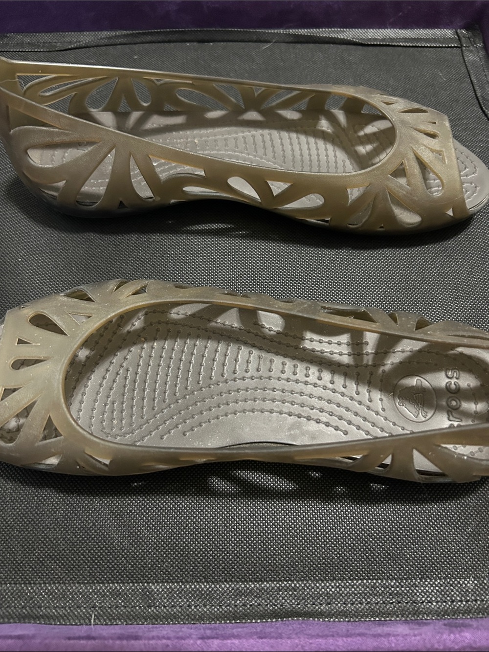 CROCS Adrina 111 Jelly Peep Toe  Flats w/ intricate laser cut floral pattern